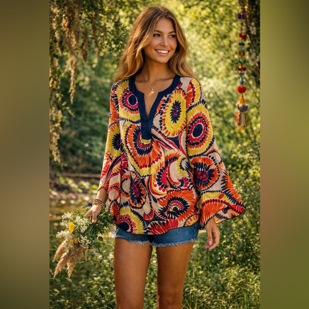 Trina Turk 100% silk floral flare sleeve long sleeve blouse M festival